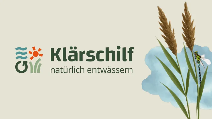 Logo von Klärschilf mit dem Slogan "natürlich entwässern", daneben Schilf und eine Libelle vor einem hellblauen Fleck.