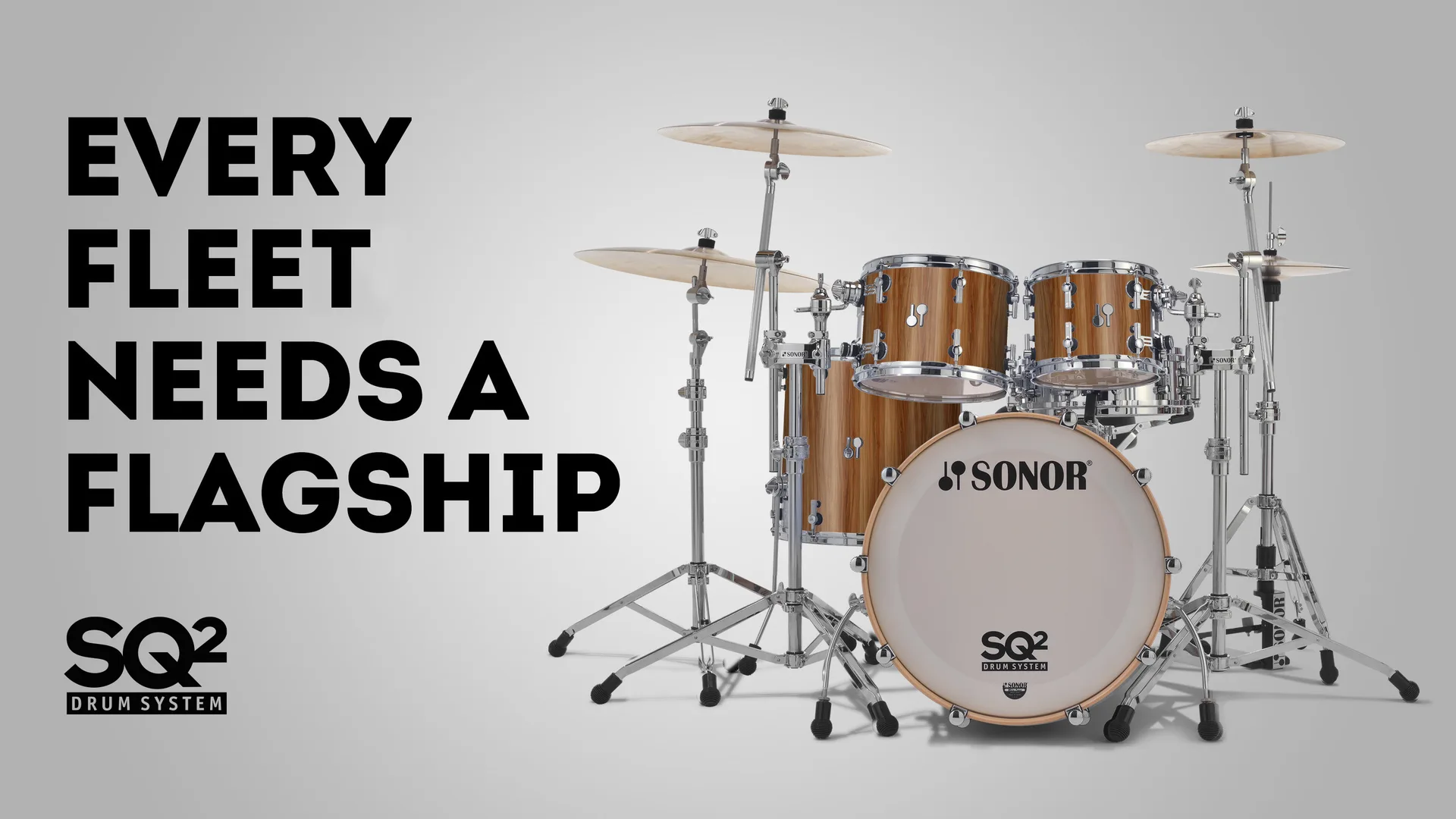 Drumkit Sonor SQ2 freigestellt auf grauem Hintergrund mit werberischer Headline "Every fleed needs a flagship"