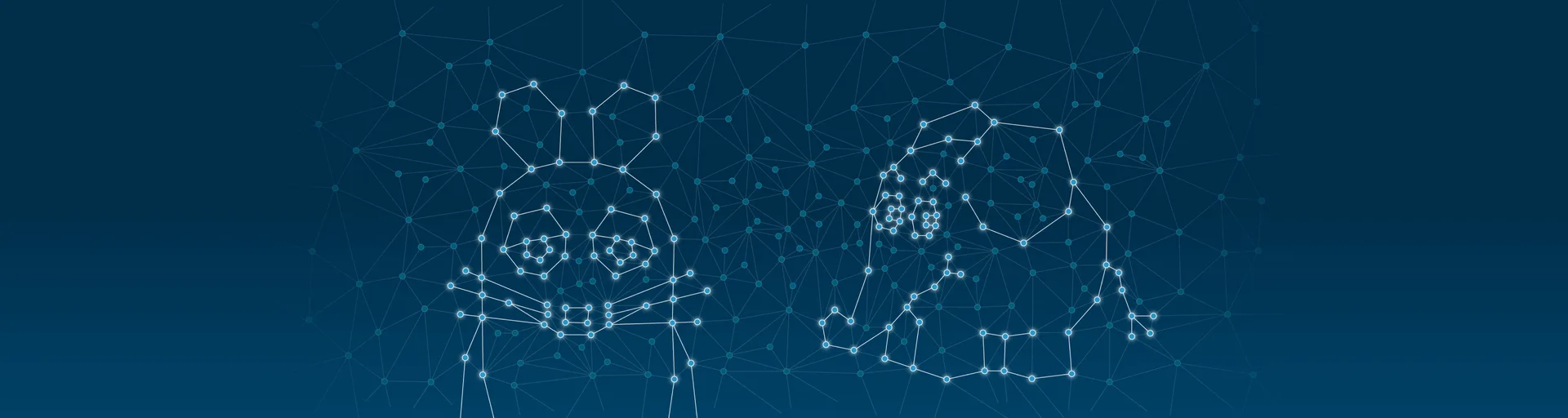 Two animals, a mouse and a rabbit, formed from connected dots, on a dark blue, networked background.