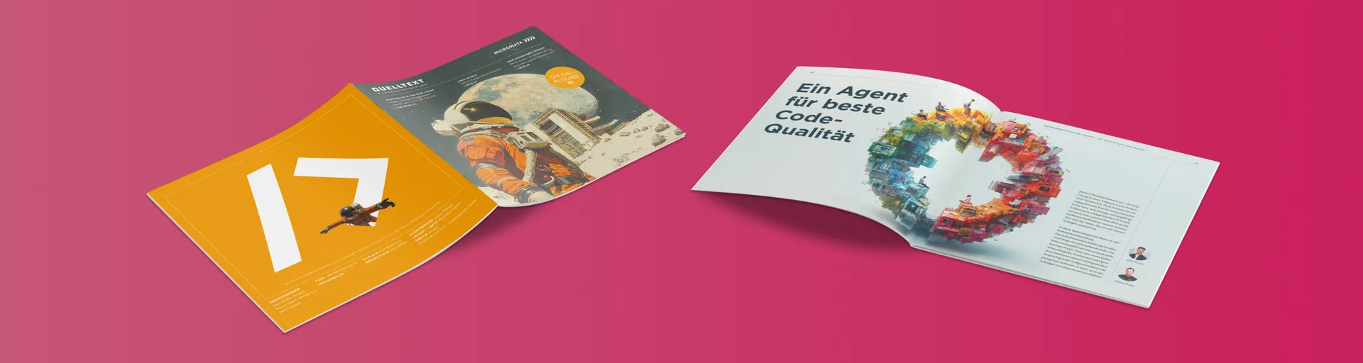 Two magazines on a pink background: on the left, a yellow cover featuring '17' and an astronaut; on the right, an open magazine displaying 'An agent for best code quality' and a circular graphic.