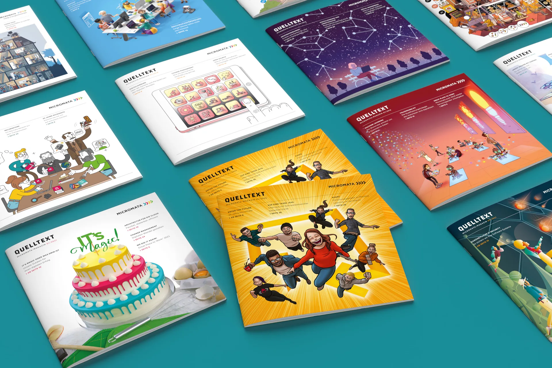 Überblick über einige Ausgaben des Micromata Firmenmagazins "Quelltext". Editorial Design und Umsetzung von Machbar