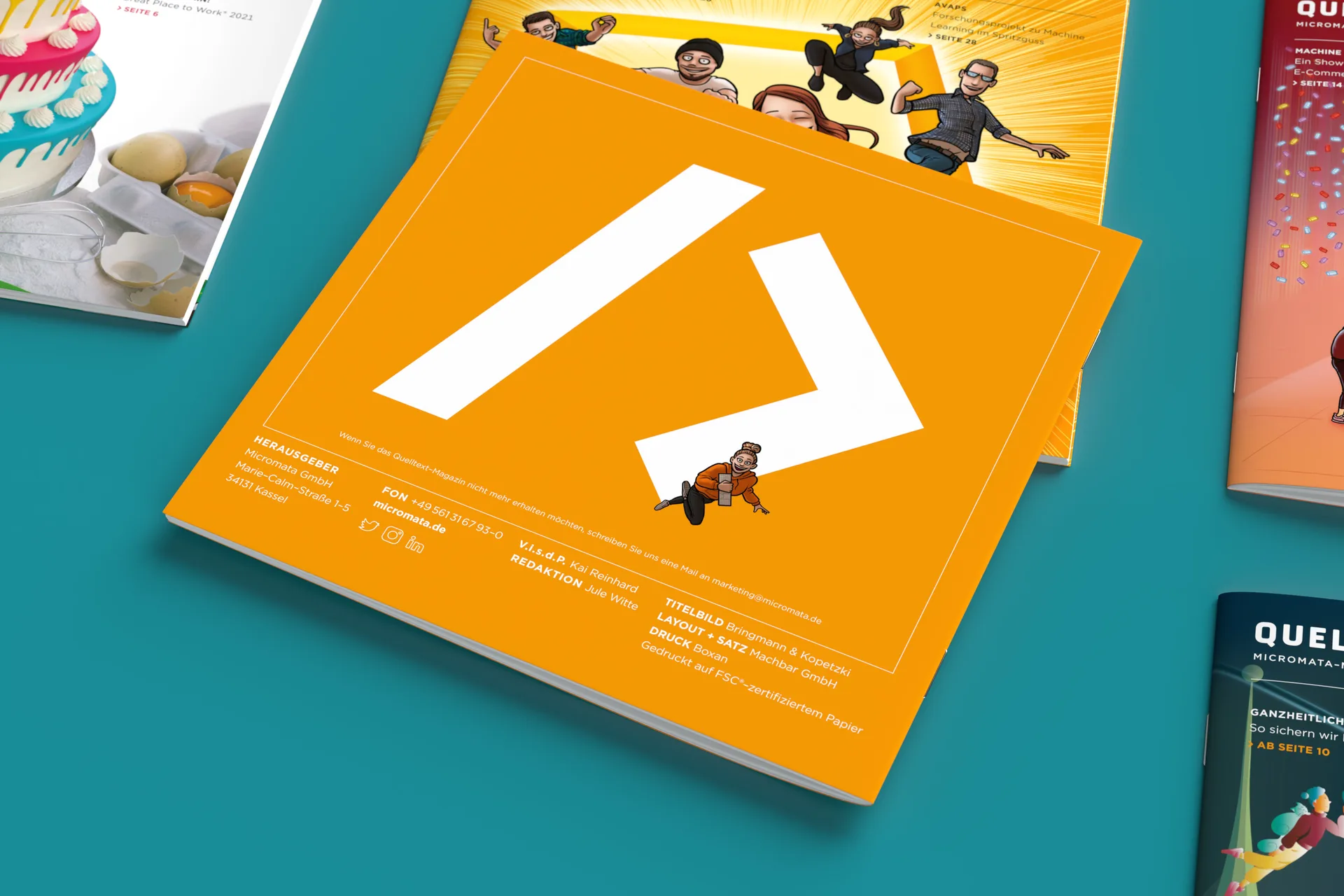Überblick über einige Ausgaben des Micromata Firmenmagazins "Quelltext". Editorial Design und Umsetzung von Machbar
