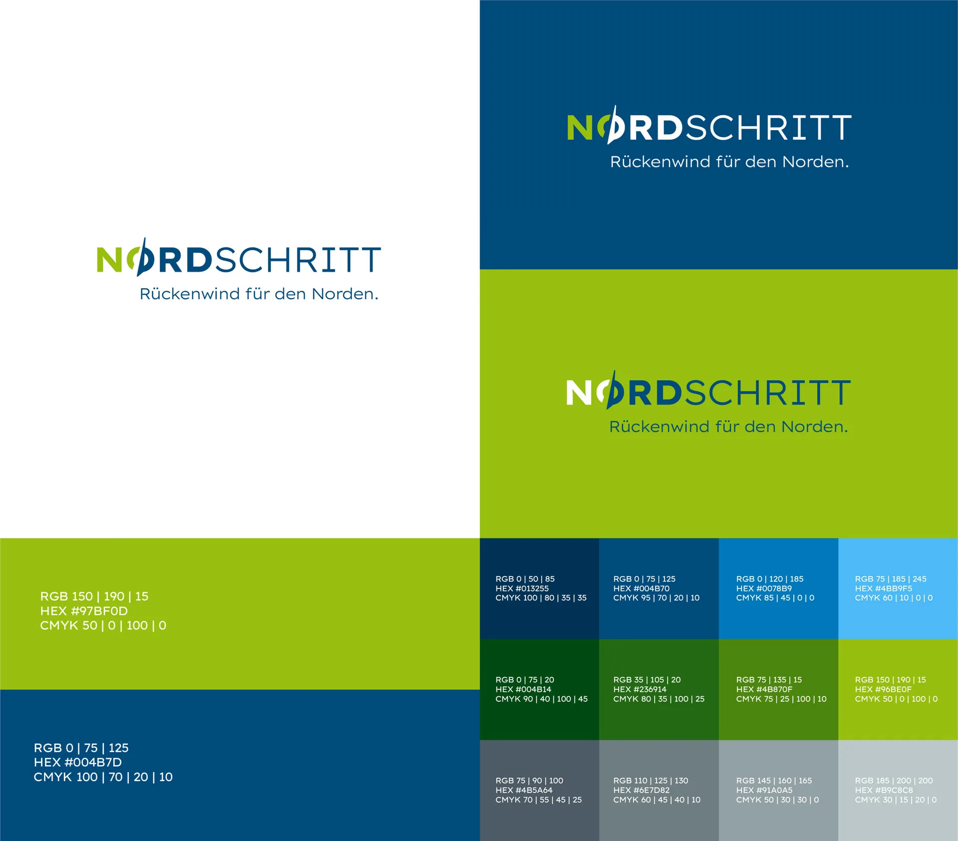 Übersicht über Logovarianten und Farben für die Marke "Norschritt" aus Schwerin